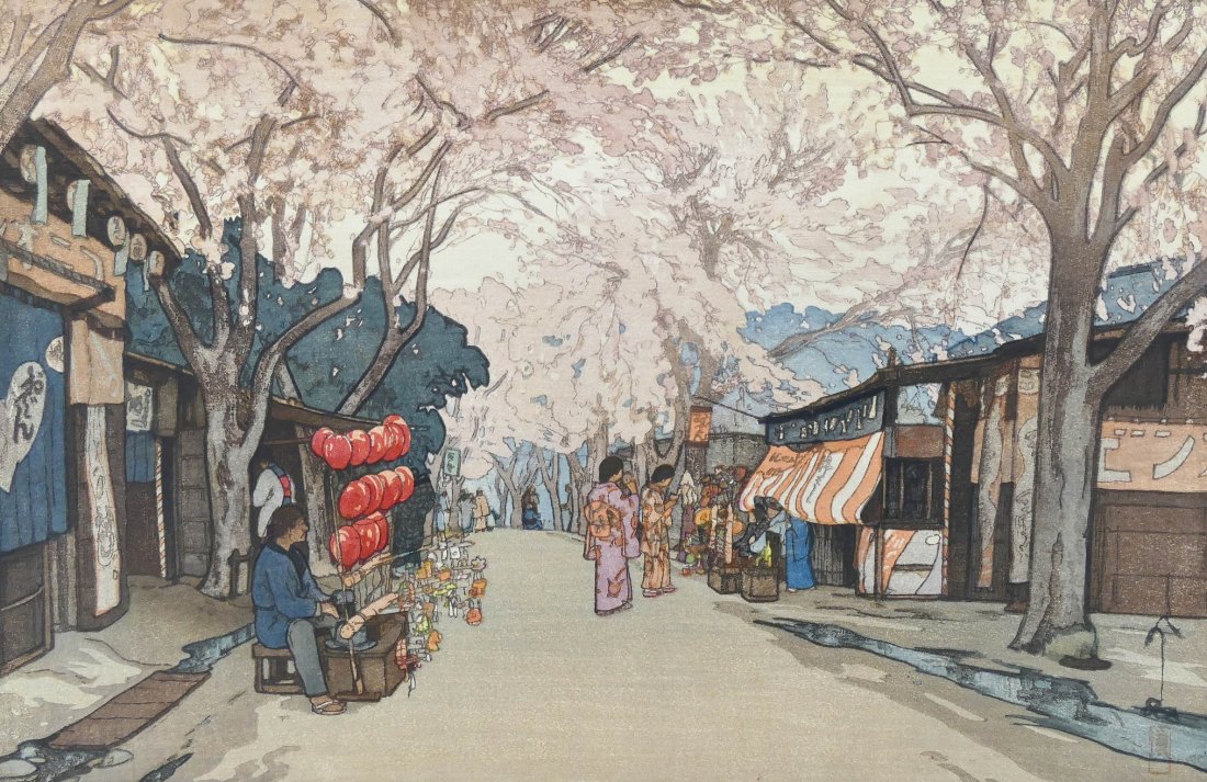 Hiroshi Yoshida ''Avenue of Cherry Lane'' Woodblock: Hiroshi Yoshida ''Avenue of Cherry Lane'' Woodblock Print 11''x16'' Sheet. Japanese block print oban size. Pencil signed. Light toning throughout with burn in margin. Loose, unframed.