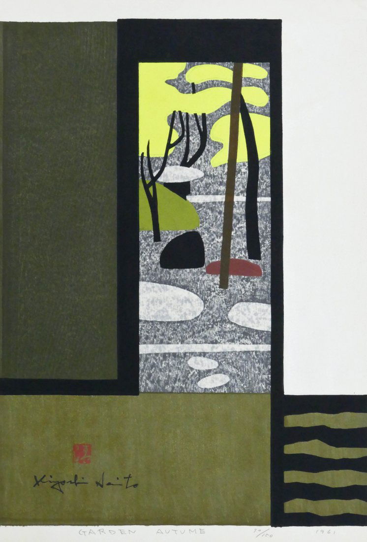 Kiyoshi Saito ''Garden Autume'' 1961 Japanese Woodblock: Kiyoshi Saito ''Garden Autume'' 1961 Japanese Woodblock Print 23''x17.25'' Sheet. Pencil signed and numbered 30 of 150 edition lower margin. Slight stain to t.r. corner in margin, otherwise excellent.