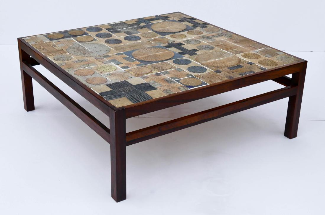 Tue Poulsen & Willy Beck Tile Top Coffee Table: Tue Poulsen & Willy Beck Tile Top Coffee Table 16''x40''x40''. Rosewood square table with multicolor glazed ceramic tiles. Overall excellent condition. Circa 1960's, Denmark.