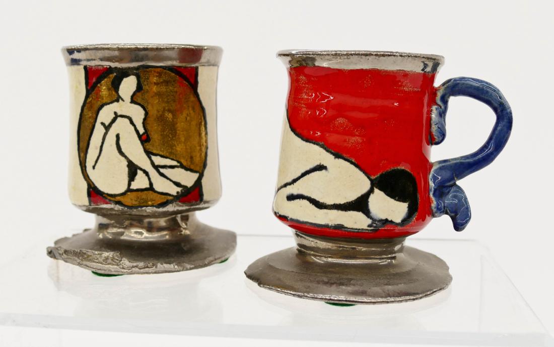 Erik Gronborg (b.1931 American) Pair of Nude Mugs: Erik Gronborg (b.1931 American) Pair of Nude Mugs 4''x4.5'' Each. An early pair of funk ceramic hand built mugs with acrylic and gold luster glazes. Incised signatures on bottom. Excellent condition.
