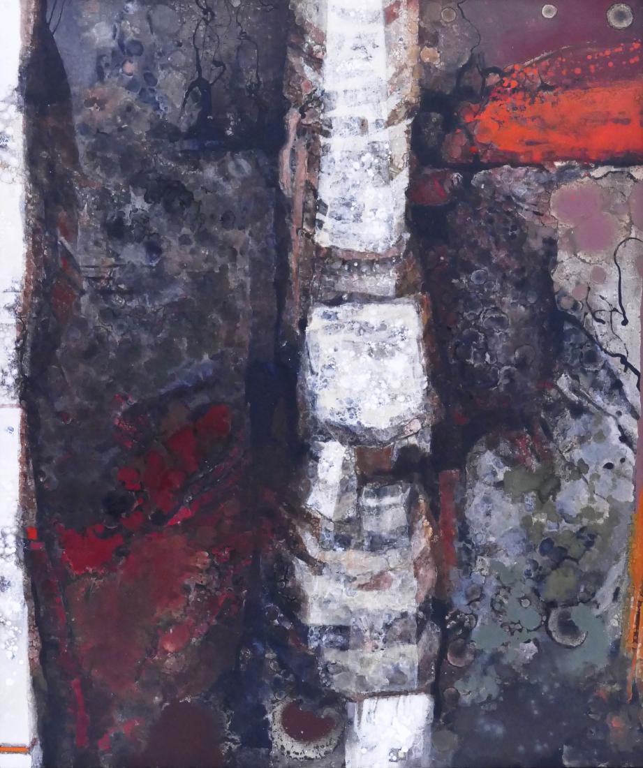 Kathleen Gemberling Adkison (1917-2010 Washington): Kathleen Gemberling Adkison (1917-2010 Washington) ''Totemic Cleft'' 1965 Oil on Canvas 60''x50'' Image. A stark northwest abstraction signed l.r. corner. Framed 61.5''x51.5''. Excellent condition.