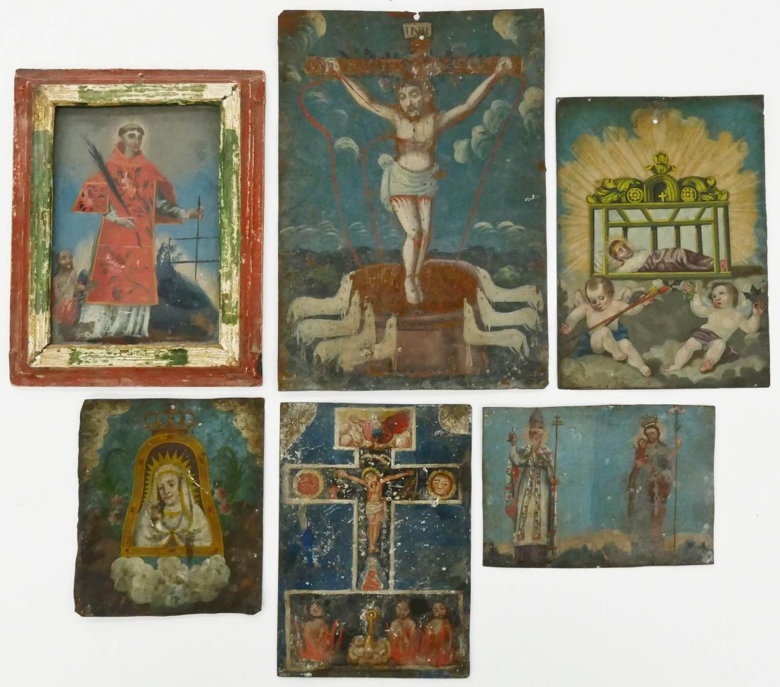 6pc Spanish Colonial Religious Retablos Oil on Tin. (1 of 4)