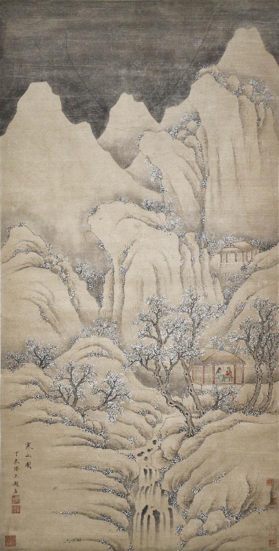 Zhao Zuo Ming Dynasty Snow Mountain: 明 赵左 活动于(1573 - 1644)间 寒山图 设色水墨纸本立轴 1607 年作 款识