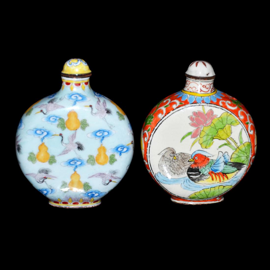 Qing Dynasty, Famille-Rose Enamel on Copper Flask Snuff: 清 乾隆与光绪 铜胎画珐琅仙鹳水禽鼻烟壶两件 Qing Dynasty, Famille-Rose Enamel on 