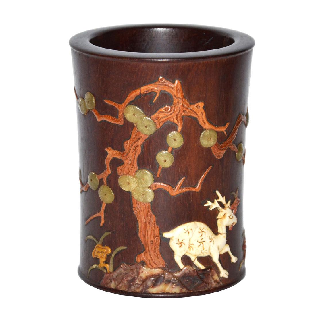 Huanghuali Brush Pot Embellished with Deer and Lingzhi (1 of 6)