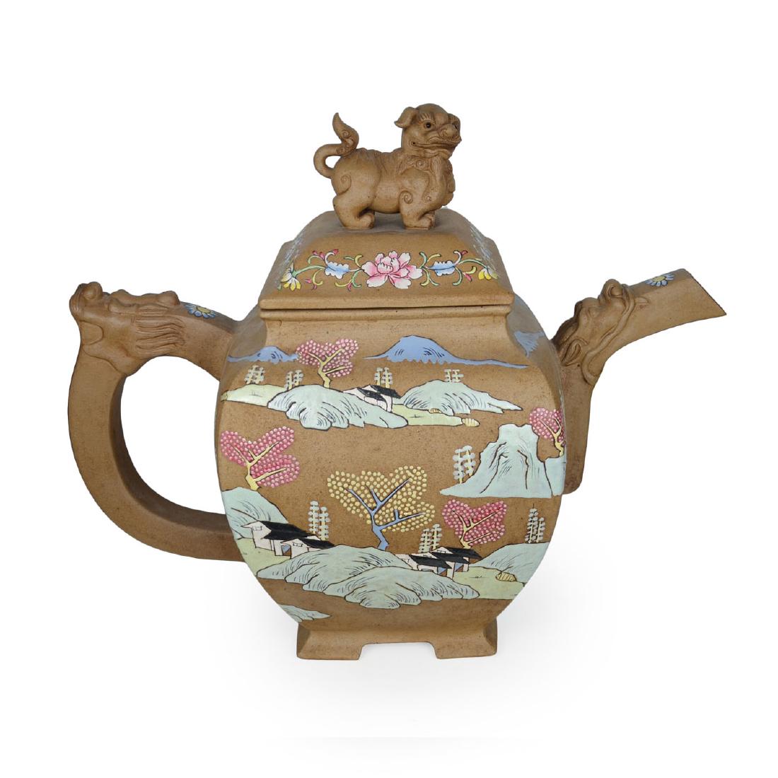 Chen Wenbo, A Massive Yixing Zisha Teapot Polychrome: 陈文伯 紫砂彩绘山水狮钮龙流四足大壶 底款(陈文伯) Chen Wenbo, A Massi