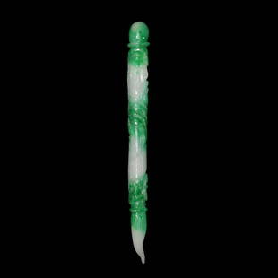 Glass Jadeite Pen-Shaped Hair Pin Ornament with Floral: 翡翠浮雕花卉如意笔形发簪摆件 Glass Jadeite Pen-Shaped Hair Pin Ornament with Floral Ruyi Carvings Length: 7⅛
