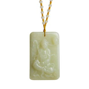 A Hetian White Jade Pendant with Guanyin and Lotus Pod: 和田白玉莲蓬观音图珮连珠链 A Hetian White Jade Pendant with Guanyin and Lotus Pod with Bead Necklace Height: 2⅞ in