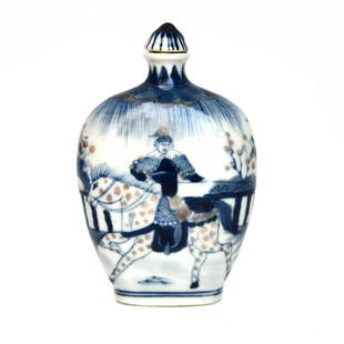 Qing, Qianlong Underglazed Blue with Copper-Red: 清 乾隆 青花釉里红瓷胎三国演义刀马人物坐骑鼻烟壶