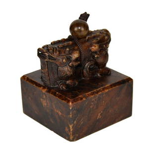 Qing Kangxi, A Russet Brown Jade Imperial Seal of The: 清 褐玉交龙钮康熙宸翰宝玺 方形宝玺