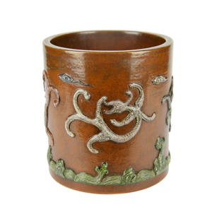 Qing, A Fine Brown Glazed Relief Carved Qilin Brush Pot: 清 乾隆 彩绘堆瓷螭龙云水纹笔筒