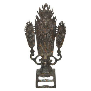 Northern Wei, Bronze Triad with Bodhisattva: 北魏 青铜刻菩萨三尊佛像