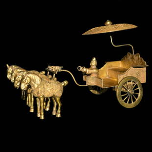 Tang Dynasty , A Magnificent and Superbly Decorated: 唐 铜鎏金驷马华盖凤凰牡丹车 此马车采用鎏金工艺，