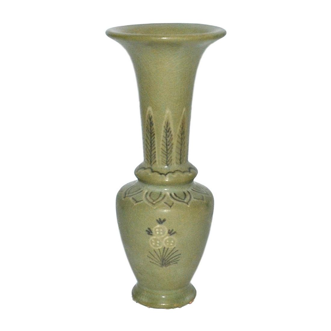 Korea, 19th C. Green-glazed Lotus Petal Trumpet Vase: 高丽 韩国 十九世纪粉青釉莲瓣花鸟纹凤尾瓶 Korea, 19th C. Green-glazed Lotus Petal Trump