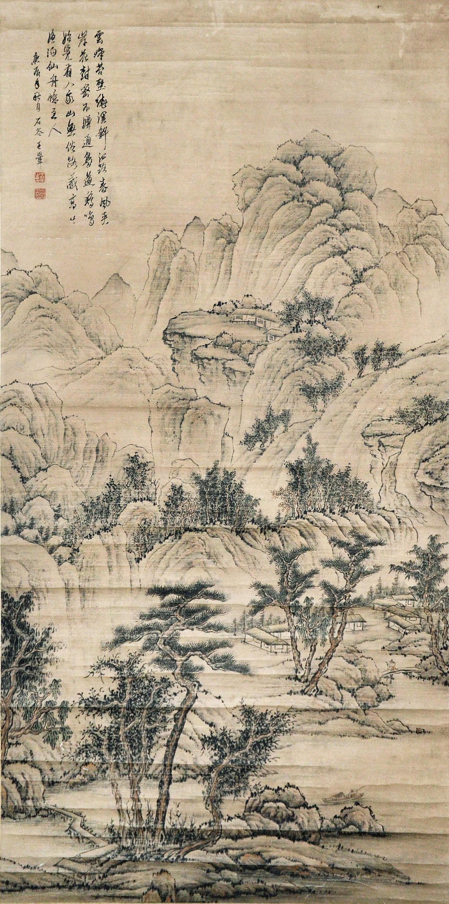 Wang Hui Qing Dynasty Deep into the Mountains: 清 王翚 (1632 - 1717) 云峰苔壁绕人家 设色水墨纸本立轴 1700 年作 款识