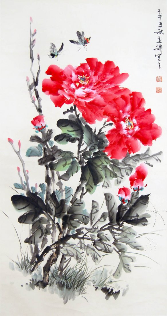 Wang Xuetao Peony and Butterflies: 王雪濤(1903 - 1982) 牡丹蝶影圖 設色水墨紙本立軸 1961 年作 款識：辛&#