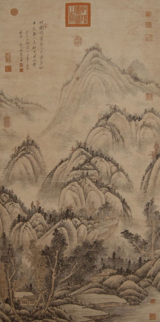Wang Hui Qing Dynasty Mountain Ridges: 清 王翬(1632 - 1717) 溪山沐翠圖 設色水墨紙本立軸 1696 年作 款識： 竹