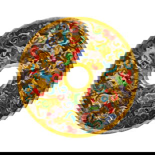 唐 双面雕玉鎏金七彩琉璃卷: 唐 双面雕玉鎏金七彩琉璃卷花兽纹璧