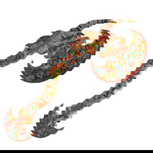 唐 双面雕玉鎏金七彩琉璃卷: 唐 双面雕玉鎏金七彩琉璃卷花兽面纹鉞