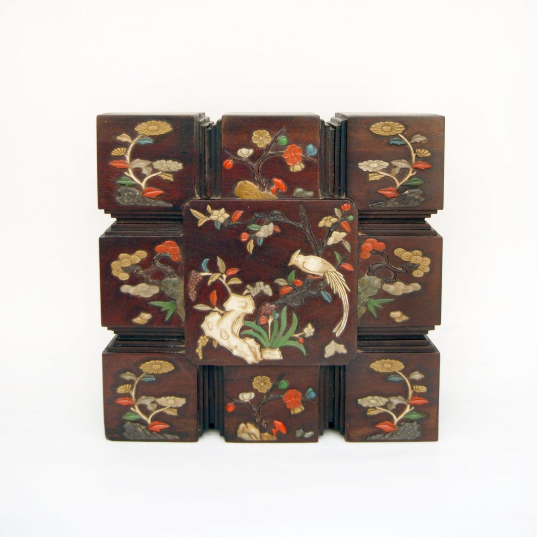 A Zitan Intricately Embellished with Hardstone Flo: 紫檀嵌鑲百寶花鳥九方盒 A Zitan Intricately Embellished with Hardstone Floral and Bird Box A Nine Compartments Box Height: 3⅛ in.