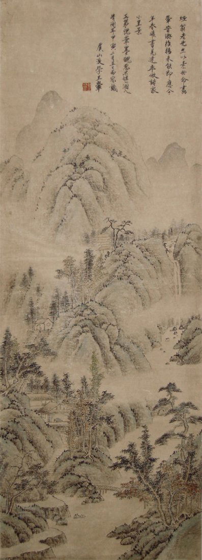 Wang Hui Qing Dynasty Mountain Streams: 清 王翬 (1632 - 1717) 溪山清流圖 設色水墨紙本立軸 1674 年作 款識： 煙