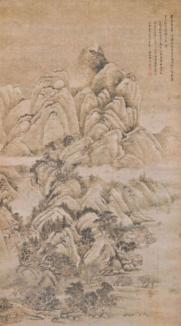 Wang Hui Qing Dynasty Call of the Ape Deep in the: 清 王翬 (1632 - 1717) 白雲樹深清猿啼 設色水墨絹本立軸 1713 年作 款識