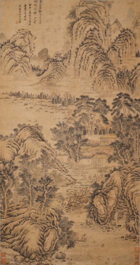 Wang Hui Qing Dynasty Fishing up the Mountain Creek: 清 王翬 (1632 - 1717) 千山閑樓圖 設色水墨紙本立軸 1714 年作 款識： 茅