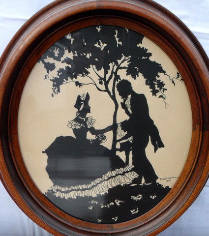 Unusual Maine Hand Painted Silhouette by Robert Wh: Unusual Maine hand painted silhouette by Robert Whitman - western Maine artist in oval walnut frame.
