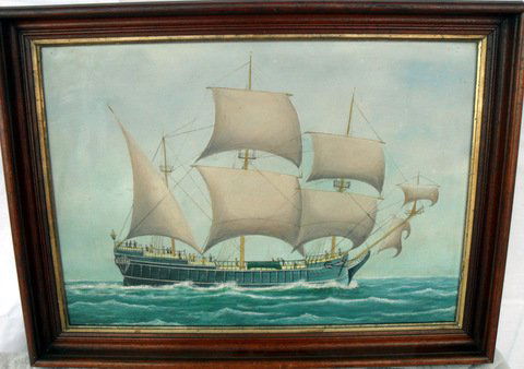 O/B of Mid 18th Century Sailing Vessel: Folky O/B of Mid 18th Century Sailing Vessel Circa 1870s painting of sailing vessel, multiple figures on deck, unsigned. Original cove molded walnut frame. 14" x 20"