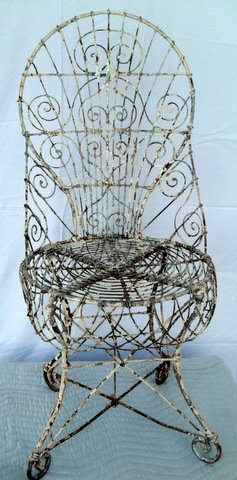 Rare Victorian Wire Ware Garden Chair: Civil War era wire garden chair, unique balloon and scroll back, circular seat. 38" tall x 17" wide x 16"