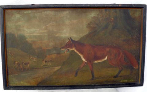 English Fox Hunt Tavern Sign: Incredible English Fox Hunt Tavern Sign Great visual accessory of fox hunt scene, life size fox in foreground. Retains its original black molded wood frame. Incredible estate sign. 56 1/4" wide x 32 3