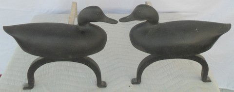 Vintage Cast Iron Black Duck Andirons: Pair of Vintage Cast Iron Black Duck Andirons Detailed cast iron ducks on heavy demi lune legs, extended iron fire dogs. Duck 15" long x 12" tall Overall depth 21" Signed Cunningham Revere Mass