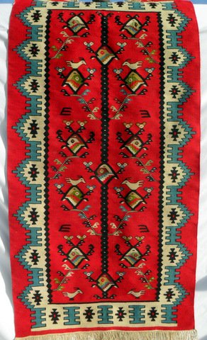 Vintage Southwest Scatter Rug: Vintage Finely Woven Southwest Scatter Rug Extremely finely woven, stylized geometric animals and birds on tree, serrated and lozenge border. 68" long x 32 1/2"