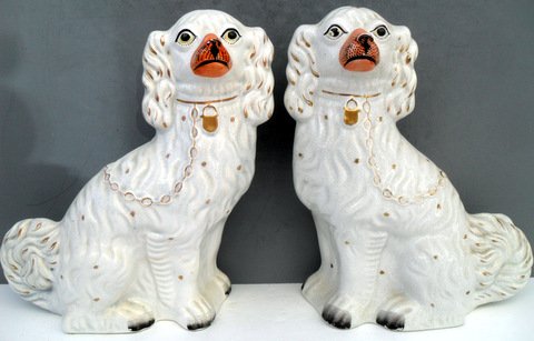 Pair 19th C English Staffordshire Dogs: Pair of 19th Century English Staffordshire Spaniel Garniture Dogs 12 1/2" tall