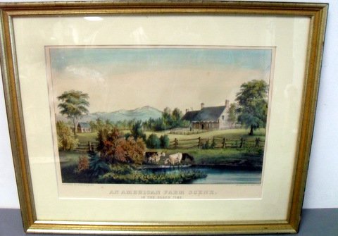 Currier & Ives An American Farm Scene: Authentic Currier & Ives Colored Print "An American Farm Scene In The Olden Time" Strong vibrant colors. Not examined out of frame. Overall dimensions with frame 14 1/2" x 18 1/2" Margins beneath matt