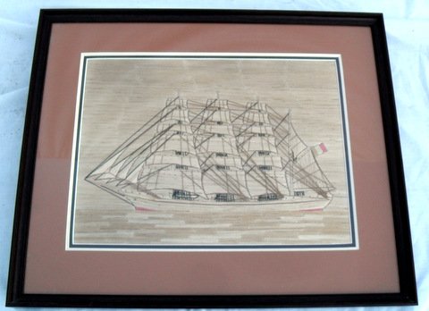 Woven & Embroidered Sailing Ship: Norwegian Sailor's Woven & Embroidered Sailing Ship Broadside From old Yarmouth Maine seafarer's home. Wonderful hand embroidered depiction of a multi mast clipper ship. Intricately woven and embroide