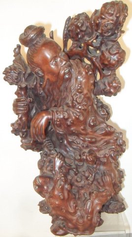 19th C Chinese Root Carving of Elder: Incredible 19th Century Chinese Root Carving of Elder With Monkey Museum quality carving from burled root with articulated details of elder Chinese gent and monkey at base. Great use of naturalistic f