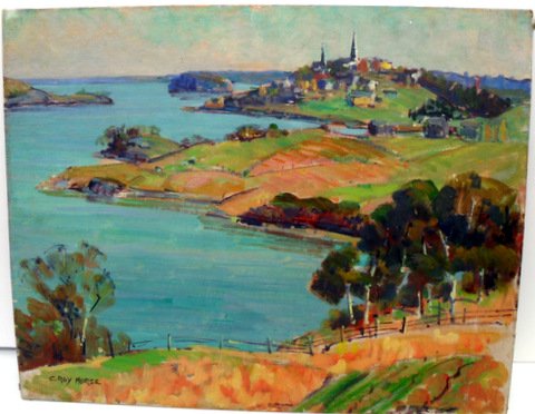 O/B of Lubec Maine Clayton Roy Morse: Rare O/B of Lubec Maine by Clayton Roy Morse, Calais Maine Artist 1913-1997 Great panoramic view of coastal Lubec, Maine. 16" x 20"