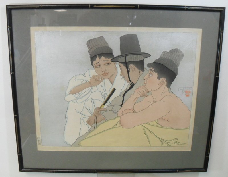 Paul Jacoulet Colored & Silvered Litho: Paul Jacoulet Colored & Silvered Litho Entitled Three Koreans Colorful thoughtful expressions of three young Koreans in conversation. Signed with ginger jar and hand written signature in middle right 