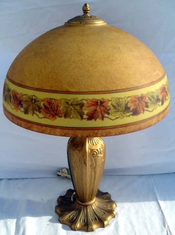 16" Art Deco Reverse Painted Lamp: 16" Art Deco Reverse Painted Glass Parlor Lamp Mottled yellow background with oak leaf stencil concentric rim. 16"diameter shade, 23" tall