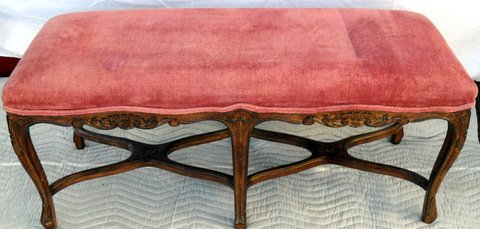 Louis XV Style Boudoir Bench: Louis XV Style Fruitwood Boudoir Bench Vintage carved "X" stretcher base with six shaped and carved cabriole legs, pink crushed velvet upholstery.