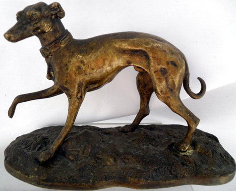 Victorian Bronze Whippet Dog Figure: Whippet dog in life like pose with naturalistic surround. Circa 1890 7" long x 4 1/2" tall.