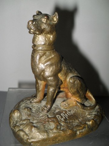 Victorian Sitting Dog Bronze - Richards: Victorian Sitting Dog Bronze Signed R. Richards Bronze of vigilant guard dog resting on naturalistic base. Signed R Richards. Measures 3 3/4" tall x 3 1/2" wide x 2 1/2" base. Nice original patina.