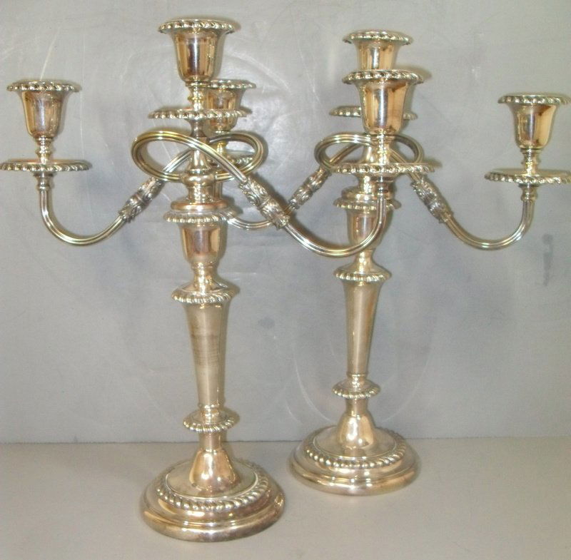 Pair of Silver 3 Light Candelabra: Pair of Prestigious Silver On Copper Three Light Convertible Candelabra Impressive English silver on copper convertible three light candelabras. Ornate twisted stems, scroll ferrules, gadroon edged bo
