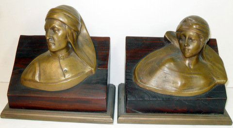 Bronze Beatrice & Dante Bookends: Beatrice and Dante bronze busts, mounted lignum vitae wedges resting on bronze frames. 7" long x 6" tall