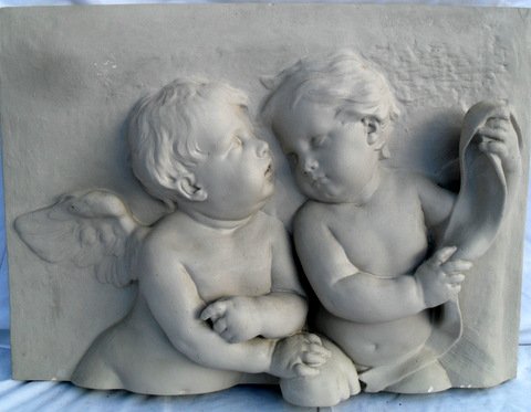 Opera House Interior Façade Casting: Unusual Opera House Plaster Interior Façade Casting Two playful cherubs in relief. From old Boston opera house at the turn of the century. 20" x 27"
