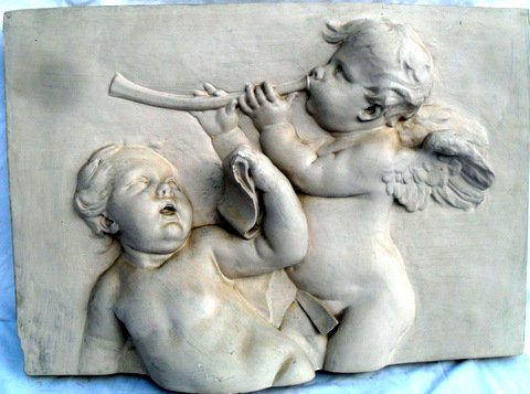 Opera House Interior Façade Casting: Unusual Opera House Plaster Interior Façade Casting Two cherubs singing and playing horns. 20" x 29"