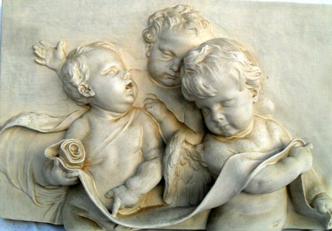Opera House Interior Façade Casting: Unusual Opera House Plaster Interior Façade Casting Three cherubs singing and playing with ribbon. 20" x 30"