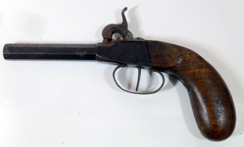 19th C Continental Boot Pistol: Early 19th Century Continental Percussion Gent's Boot Pistol 1820s era continental percussion boot pistol, walnut grip handle. Marked WB on the trigger guard. 8" long