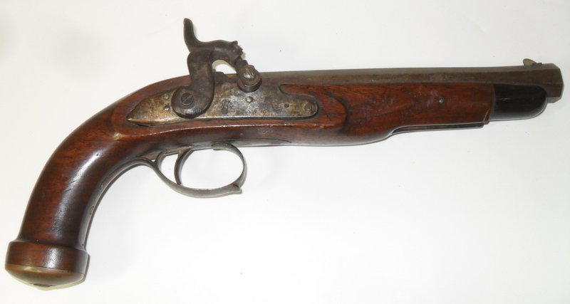 19th C Continental Percussion Pistol: Early 19th Century Continental Percussion Octagon Barrel Gent's Riding Pistol 1820s era continental percussion riding pistol, hardwood walnut frame, octagonal steel barrel, brass sight, thumb back fir